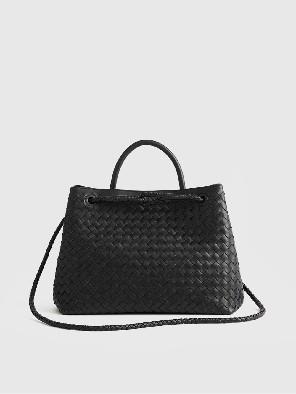 Quince Black Woven Leather Top-Handle Shoulder Bag